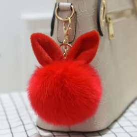 12 cm Rabbit Ears Fur Ball Bag Charms with Golden Keyring Pom Pom, Fluffy Fur Ball Keychain for Car Keyring, Charm Gift