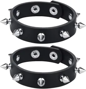 2 Pack Leather Bracelet Punk Spike Rivet Cuff Metal Studded Black Wristband