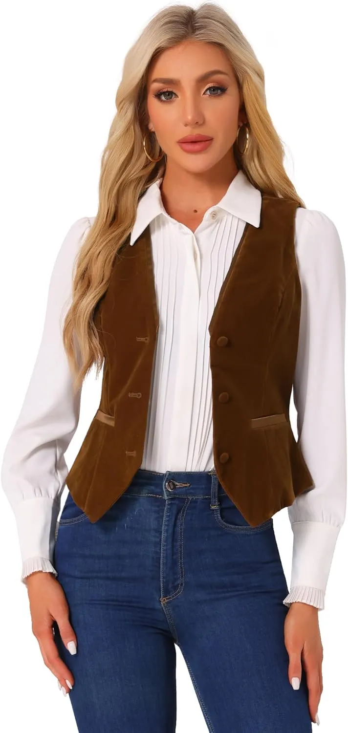 Allegra K Velvet Suit Waistcoat for Women's Retro Sleeveless Steampunk Blazer Dressy Vest