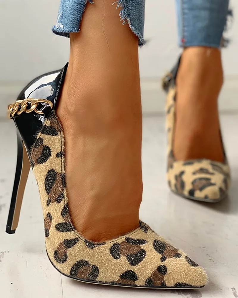 Amozae-   Fashion Leopard Pointed Toe Metal Chain Thin Heels Snakeskin   Party Women Shoes Rome Design Women Pumps Female Dress Shoes