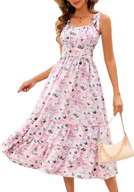 BeryLove Women's Floral Sundresses 2025 Spaghetti Strap Summer Midi Wedding Guest Dres