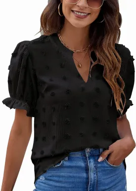 Blooming Jelly Women's Puff Sleeve Casual Tops Fashion White Polka Dot Blouses Dressy Ladies Summer Tops