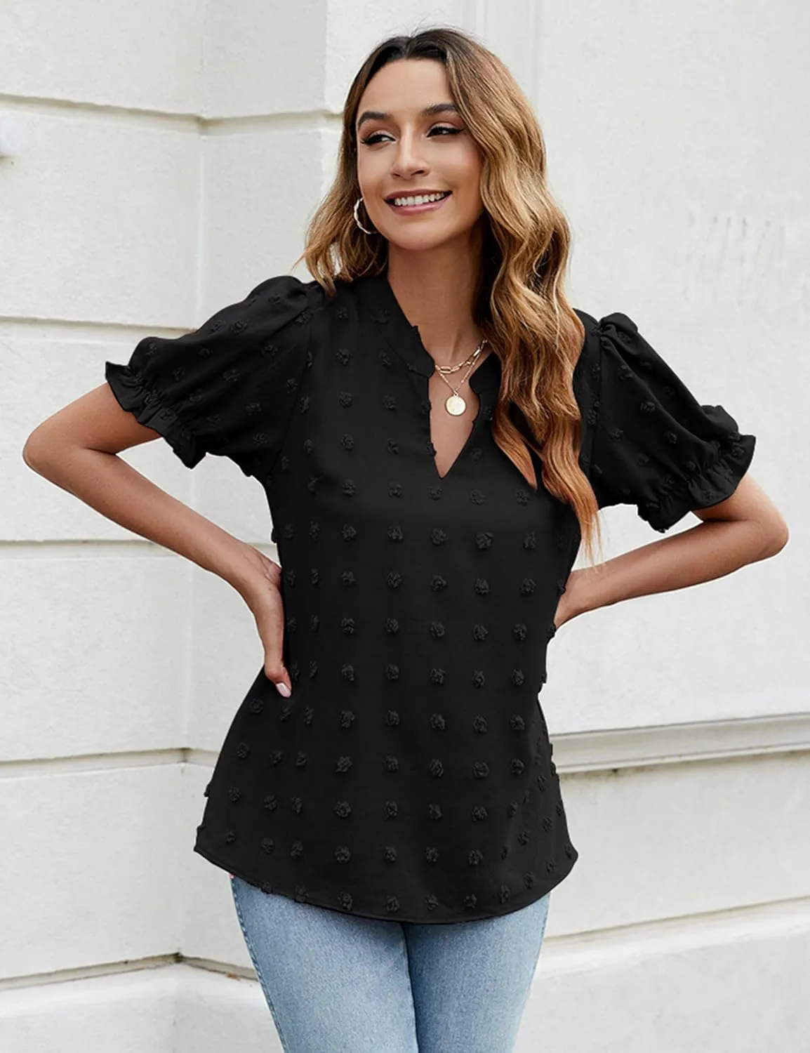 Blooming Jelly Women's Puff Sleeve Casual Tops Fashion White Polka Dot Blouses Dressy Ladies Summer Tops