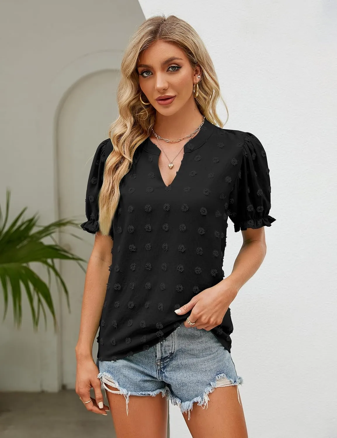 Blooming Jelly Women's Puff Sleeve Casual Tops Fashion White Polka Dot Blouses Dressy Ladies Summer Tops
