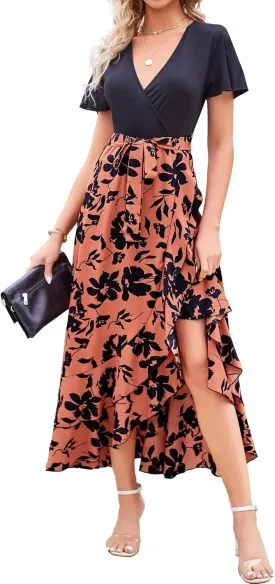 BTFBM Womens Maxi Summer Dresses 2025 Short Sleeve V Neck Boho Floral Print Belted High Low Ruffle Party Cocktail Dress