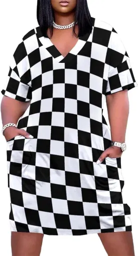 Check Pattern Black Waite Plus Size Dress for Women Long Summer Top Casual Casual T-Shirt Swing Dress Look Thin 2XL