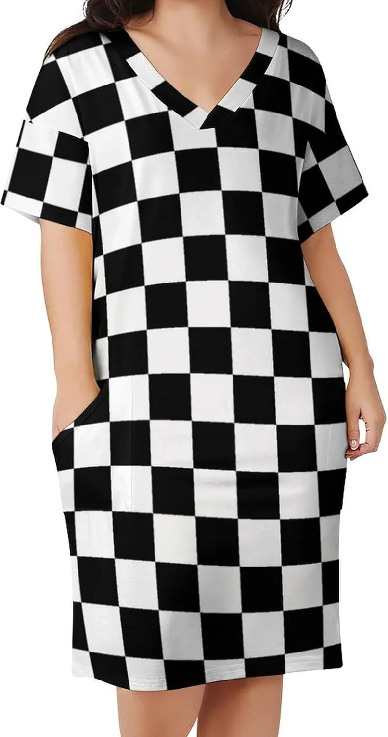 Check Pattern Black Waite Plus Size Dress for Women Long Summer Top Casual Casual T-Shirt Swing Dress Look Thin 2XL