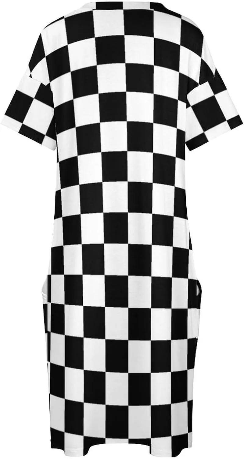 Check Pattern Black Waite Plus Size Dress for Women Long Summer Top Casual Casual T-Shirt Swing Dress Look Thin 2XL