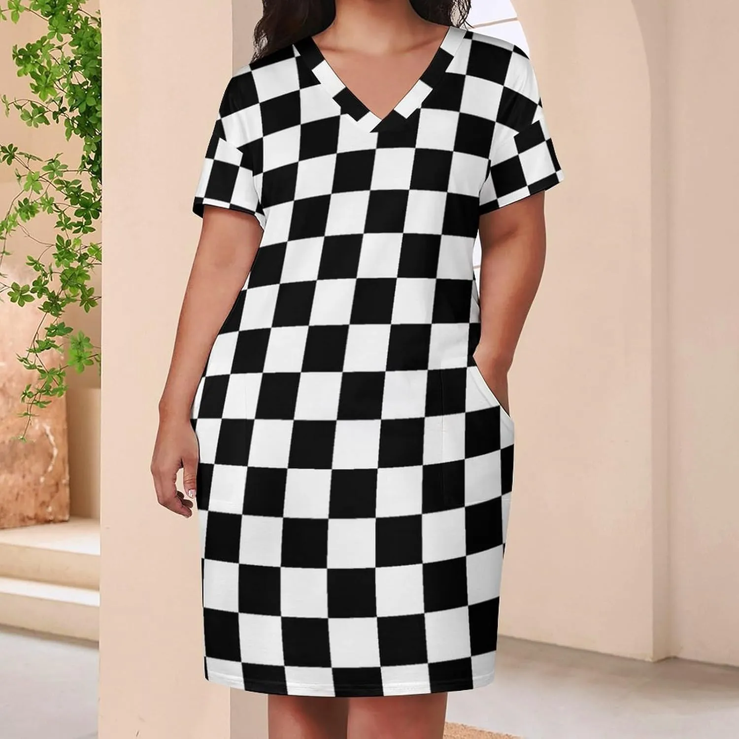 Check Pattern Black Waite Plus Size Dress for Women Long Summer Top Casual Casual T-Shirt Swing Dress Look Thin 2XL