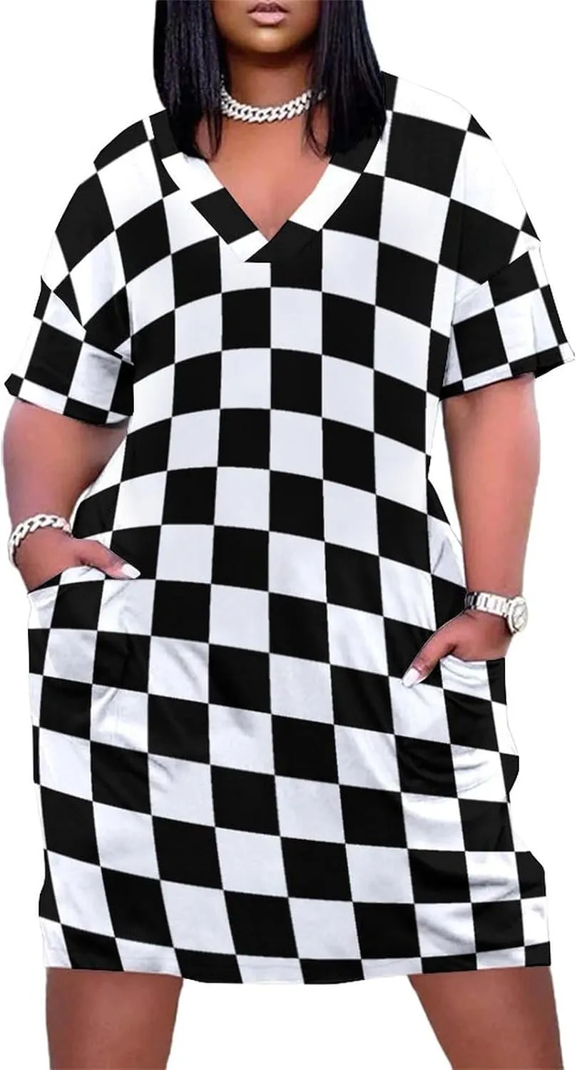 Check Pattern Black Waite Plus Size Dress for Women Long Summer Top Casual Casual T-Shirt Swing Dress Look Thin 2XL