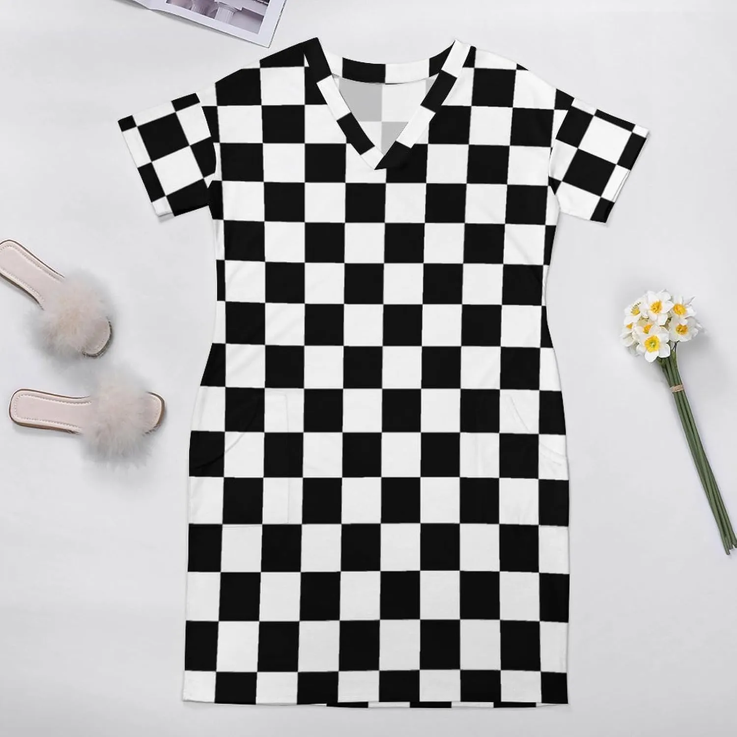 Check Pattern Black Waite Plus Size Dress for Women Long Summer Top Casual Casual T-Shirt Swing Dress Look Thin 2XL