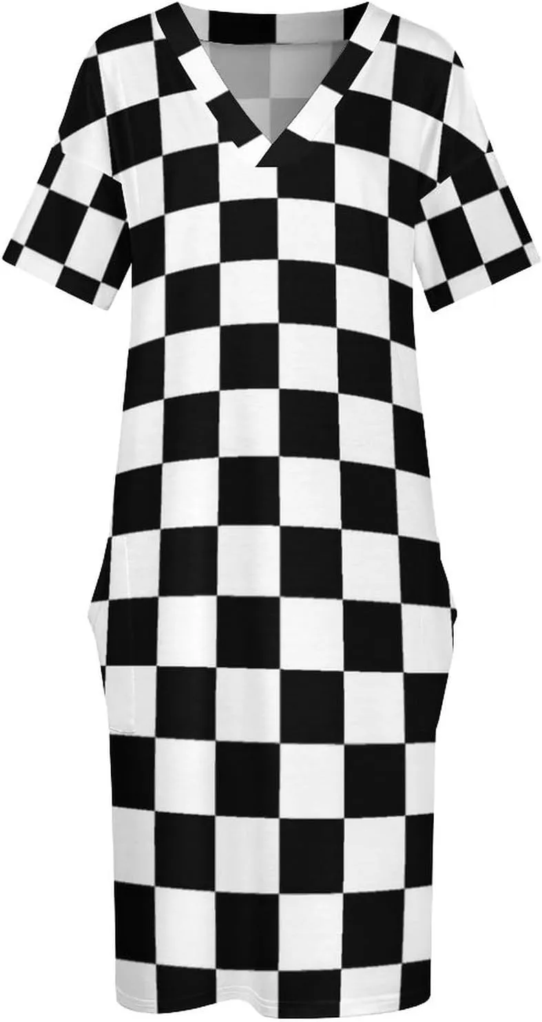 Check Pattern Black Waite Plus Size Dress for Women Long Summer Top Casual Casual T-Shirt Swing Dress Look Thin 2XL
