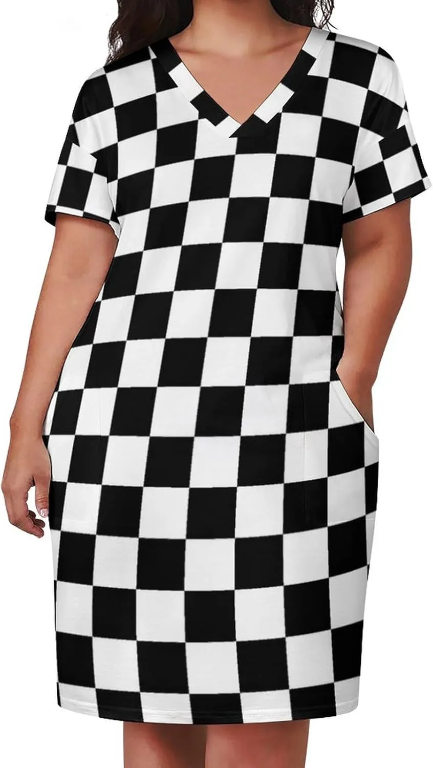 Check Pattern Black Waite Plus Size Dress for Women Long Summer Top Casual Casual T-Shirt Swing Dress Look Thin 2XL