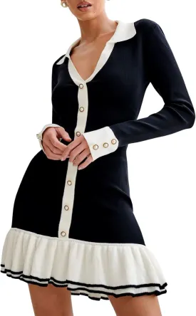 chouyatou Women's Long Sleeve Ruffle Hem Bodycon Knit Sweater Mini Dress Collared Back Tie Knot Cut Out Dress