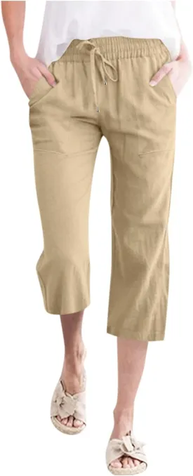Cotton Linen Capri Pants for Women 2024 Summer Elastic Waist Wide Leg Cropped Trouser Loose Casual Palazzo Pants with Pockets