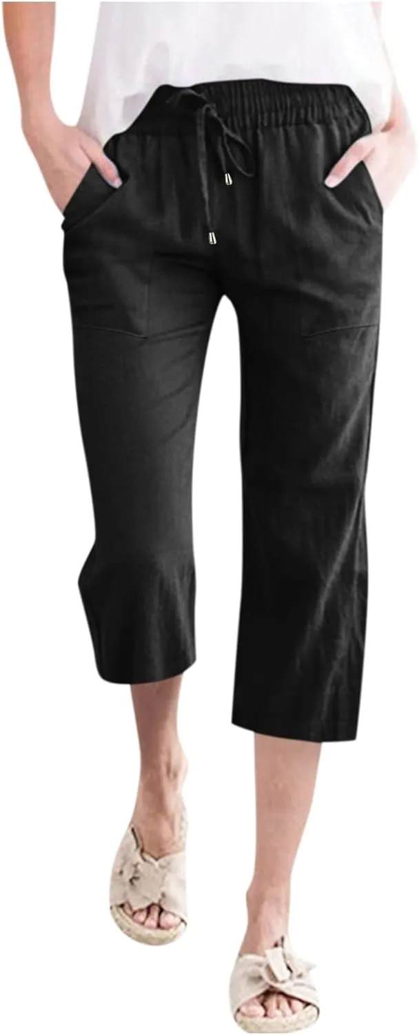 Cotton Linen Capri Pants for Women 2024 Summer Elastic Waist Wide Leg Cropped Trouser Loose Casual Palazzo Pants with Pockets