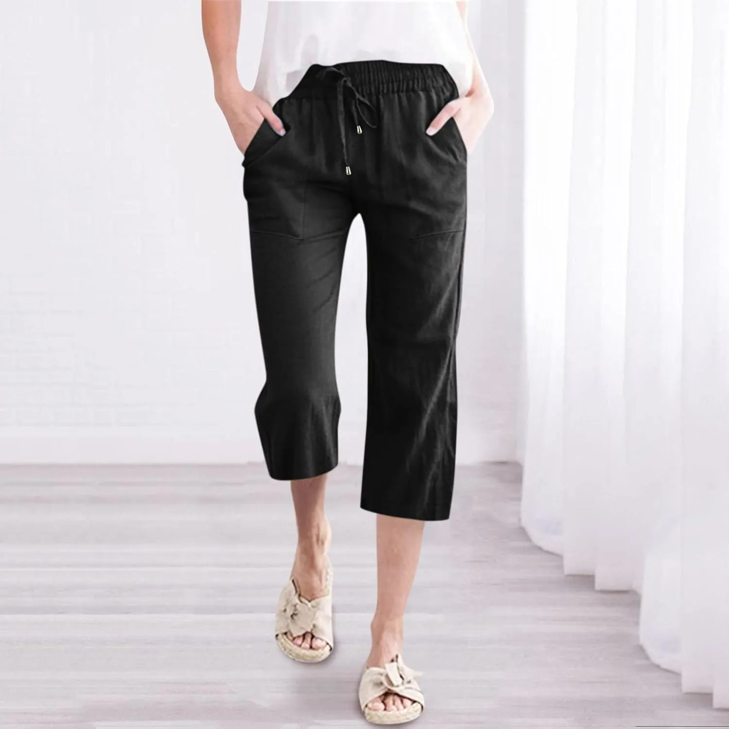 Cotton Linen Capri Pants for Women 2024 Summer Elastic Waist Wide Leg Cropped Trouser Loose Casual Palazzo Pants with Pockets
