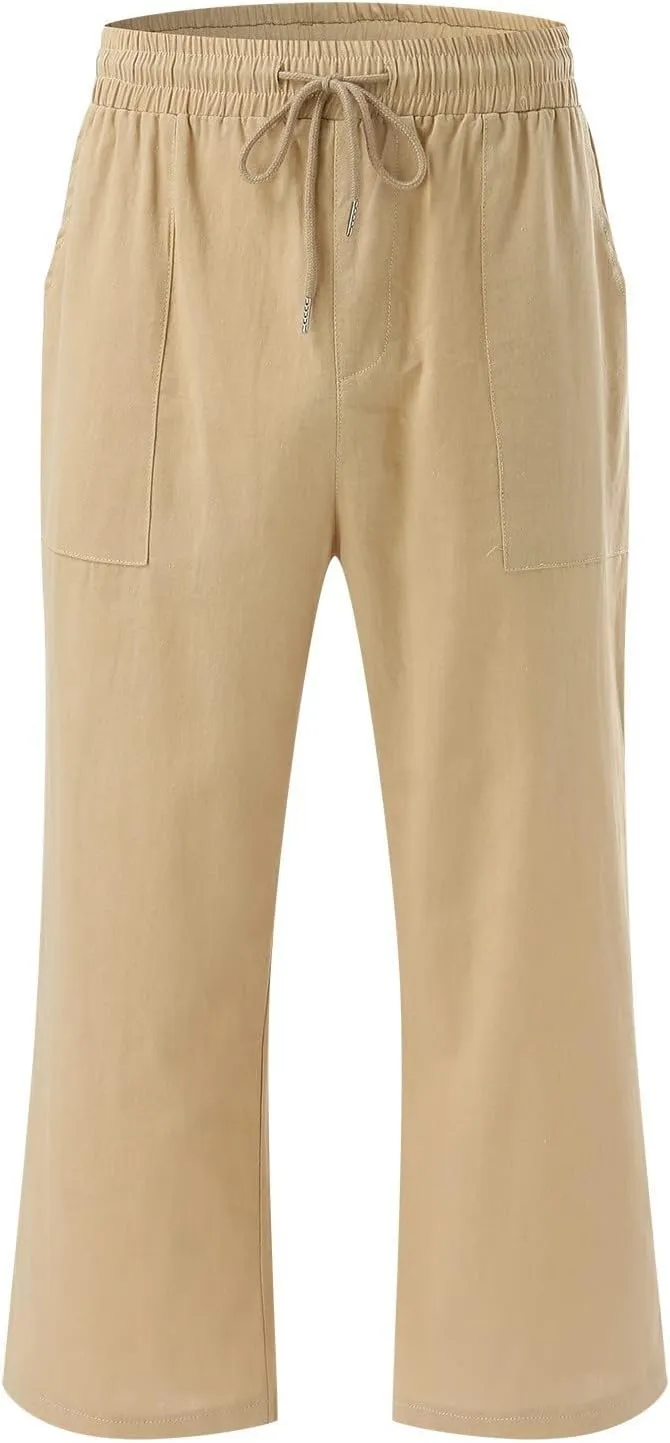 Cotton Linen Capri Pants for Women 2024 Summer Elastic Waist Wide Leg Cropped Trouser Loose Casual Palazzo Pants with Pockets