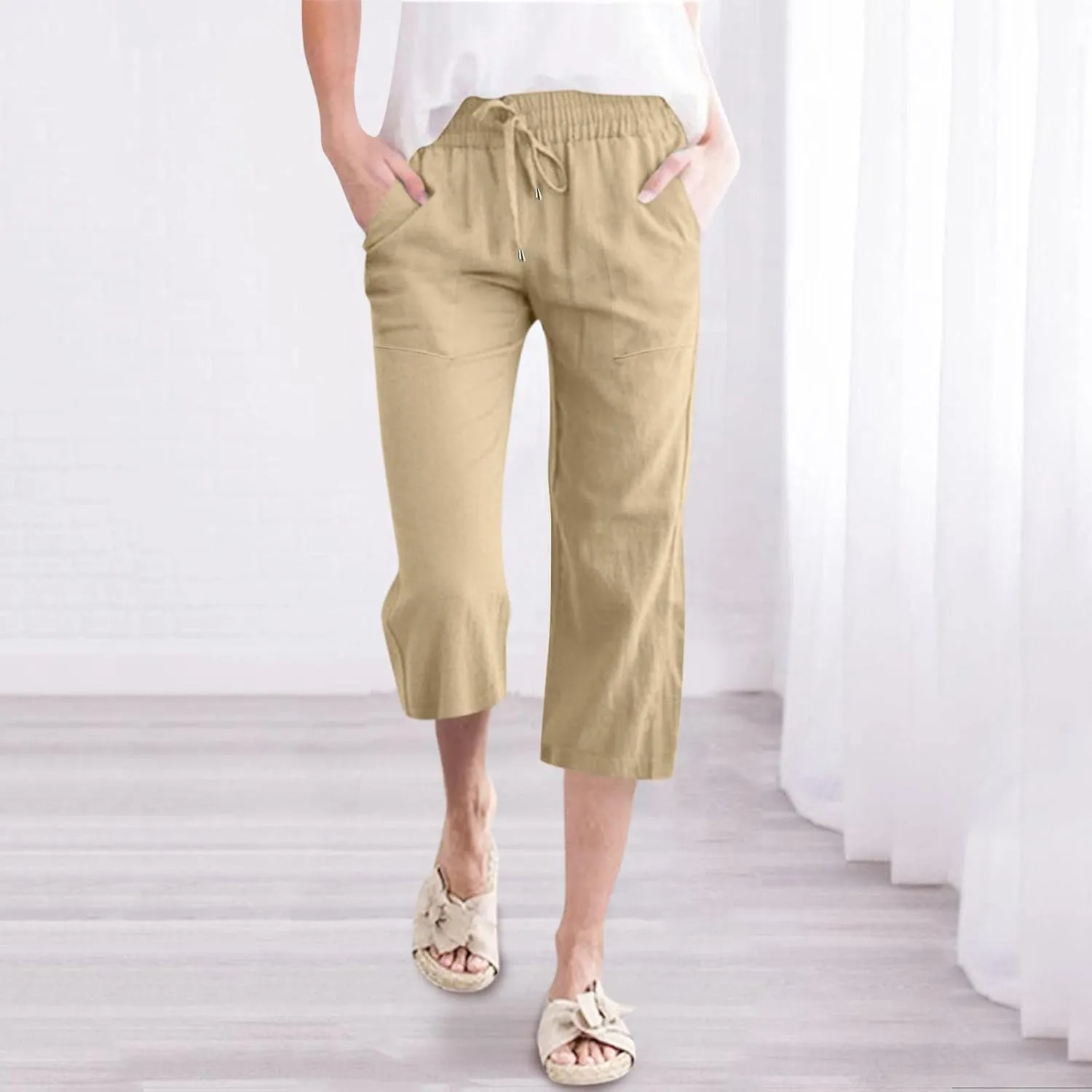 Cotton Linen Capri Pants for Women 2024 Summer Elastic Waist Wide Leg Cropped Trouser Loose Casual Palazzo Pants with Pockets