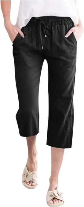 Cotton Linen Capri Pants for Women 2024 Summer Elastic Waist Wide Leg Cropped Trouser Loose Casual Palazzo Pants with Pockets