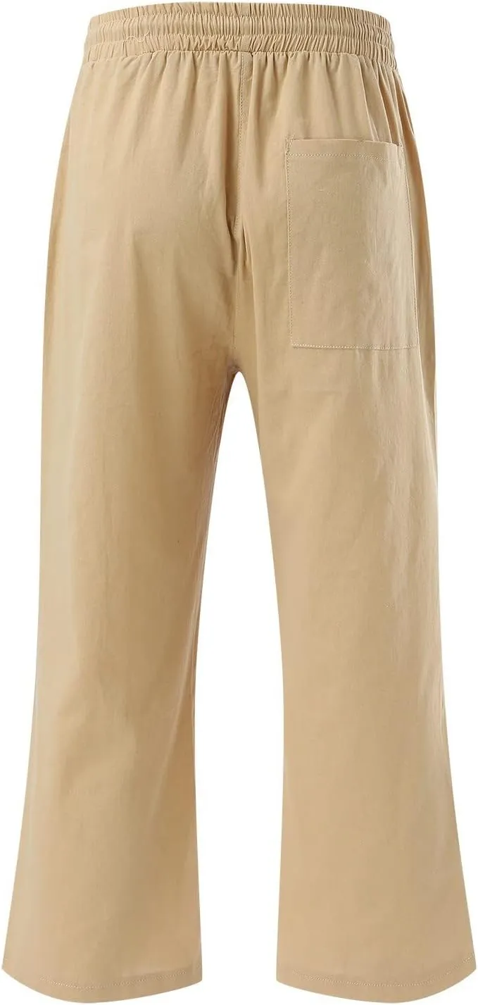 Cotton Linen Capri Pants for Women 2024 Summer Elastic Waist Wide Leg Cropped Trouser Loose Casual Palazzo Pants with Pockets