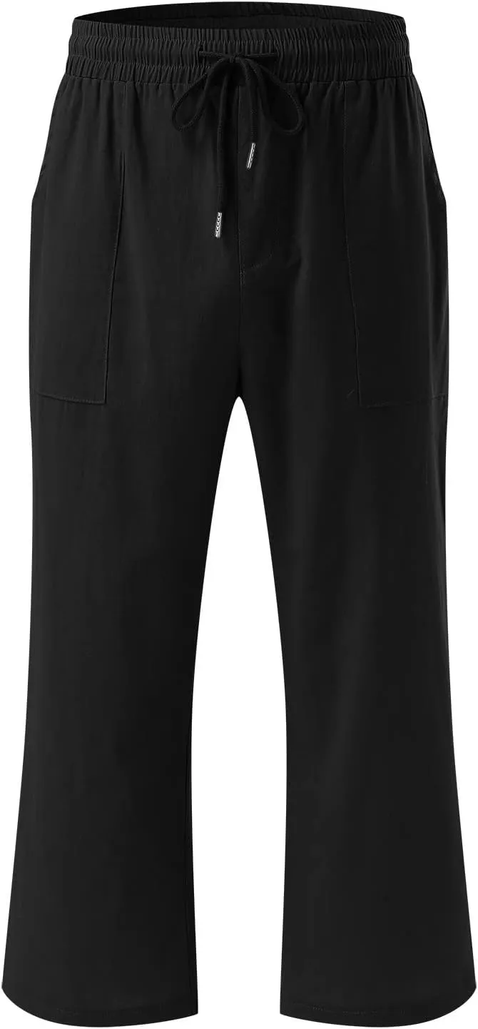 Cotton Linen Capri Pants for Women 2024 Summer Elastic Waist Wide Leg Cropped Trouser Loose Casual Palazzo Pants with Pockets