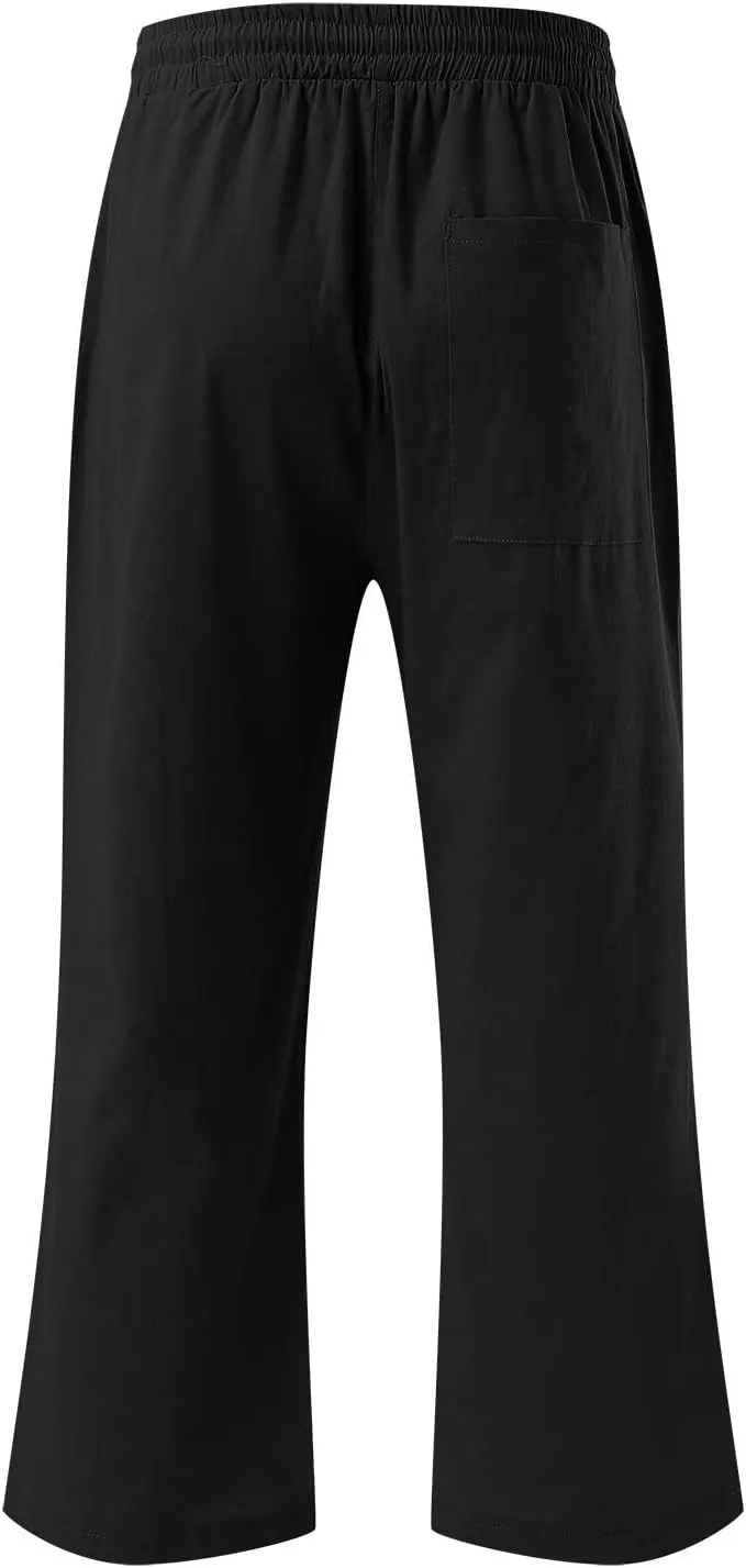 Cotton Linen Capri Pants for Women 2024 Summer Elastic Waist Wide Leg Cropped Trouser Loose Casual Palazzo Pants with Pockets