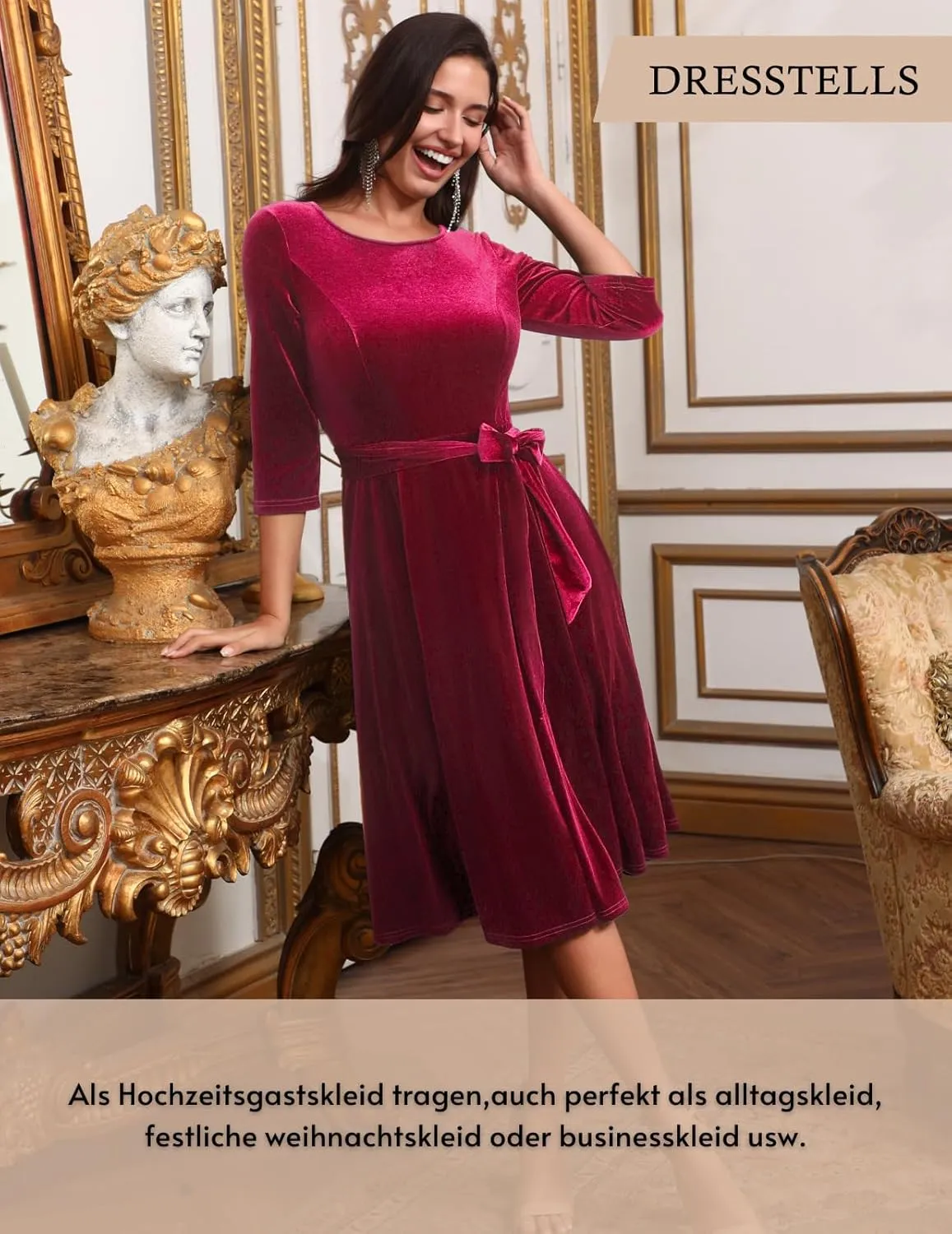 DRESSTELLS Velvet Cocktail Dress for Women, 2024 Winter Christmas Holiday Dress, 3/4 Long Sleeves Party Formal Dress