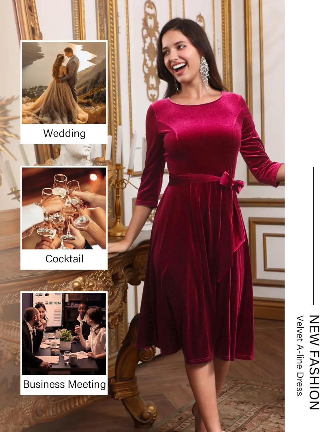 DRESSTELLS Velvet Cocktail Dress for Women, 2024 Winter Christmas Holiday Dress, 3/4 Long Sleeves Party Formal Dress