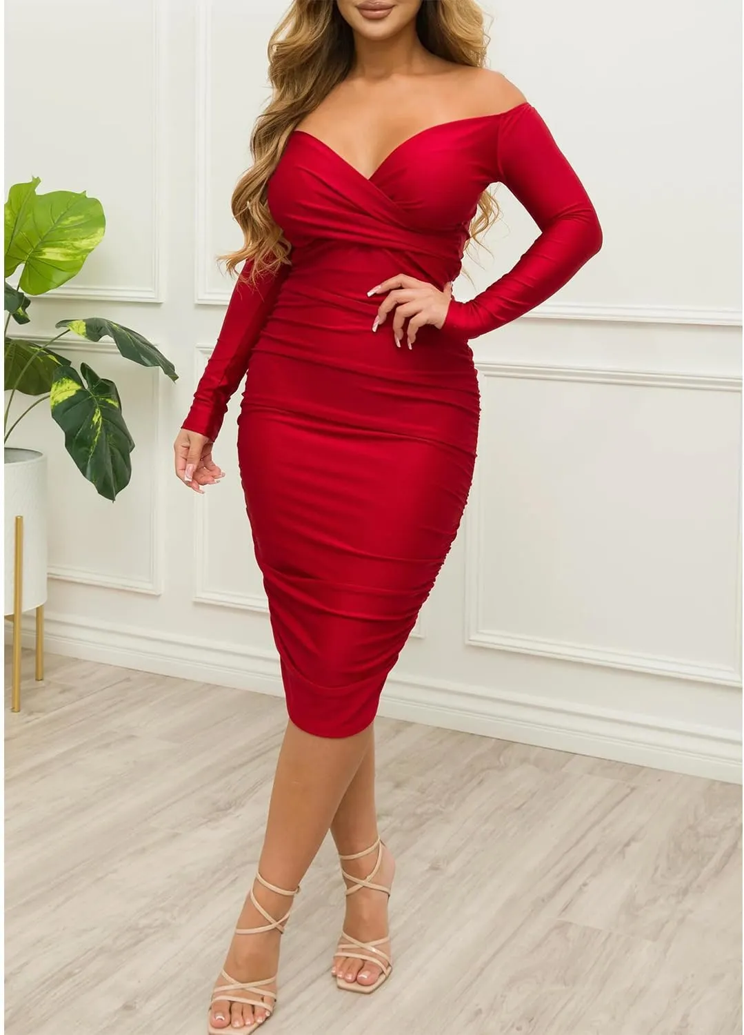 Ekaliy Women's Sexy Black Off The Shoulder Midi Dress Long Sleeve Ruched Bodycon Dresses