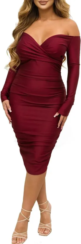 Ekaliy Women's Sexy Black Off The Shoulder Midi Dress Long Sleeve Ruched Bodycon Dresses