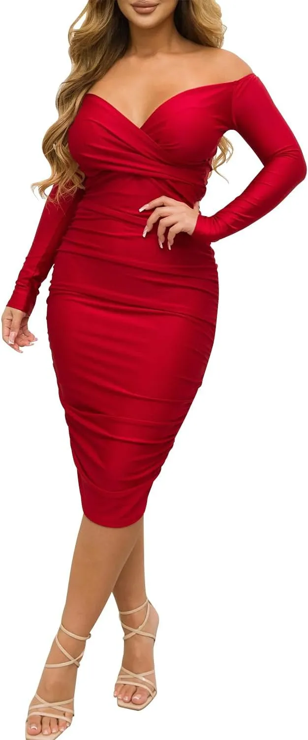 Ekaliy Women's Sexy Black Off The Shoulder Midi Dress Long Sleeve Ruched Bodycon Dresses