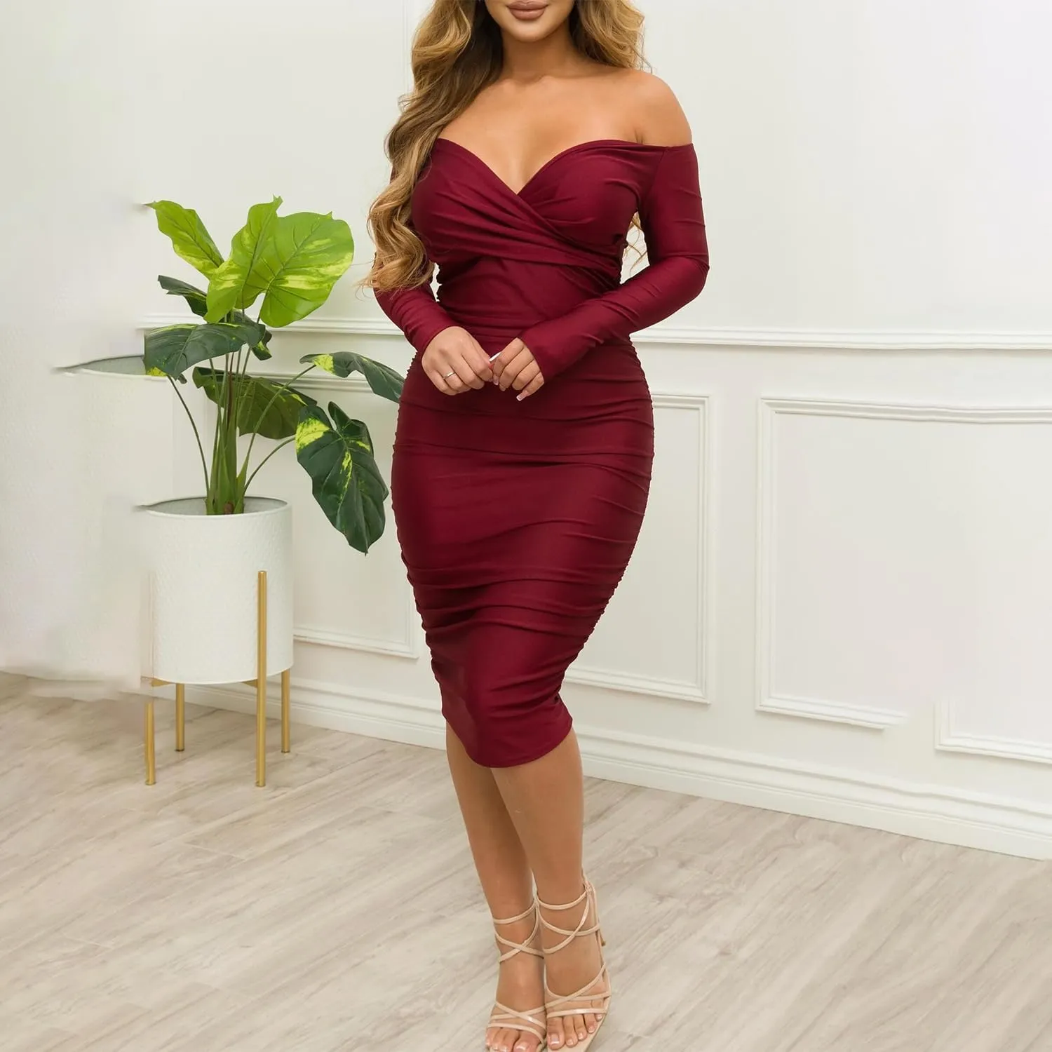Ekaliy Women's Sexy Black Off The Shoulder Midi Dress Long Sleeve Ruched Bodycon Dresses