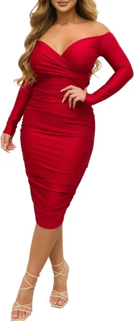 Ekaliy Women's Sexy Black Off The Shoulder Midi Dress Long Sleeve Ruched Bodycon Dresses