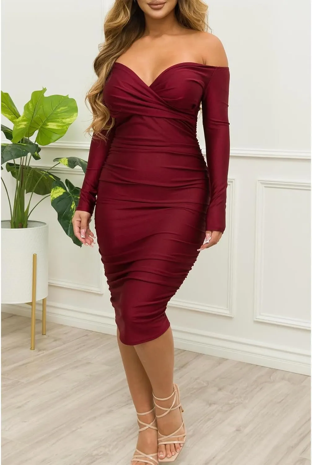 Ekaliy Women's Sexy Black Off The Shoulder Midi Dress Long Sleeve Ruched Bodycon Dresses