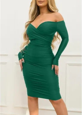 Ekaliy Women's Sexy Black Off The Shoulder Midi Dress Long Sleeve Ruched Bodycon Dresses