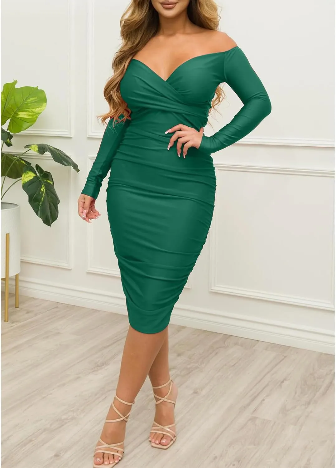 Ekaliy Women's Sexy Black Off The Shoulder Midi Dress Long Sleeve Ruched Bodycon Dresses