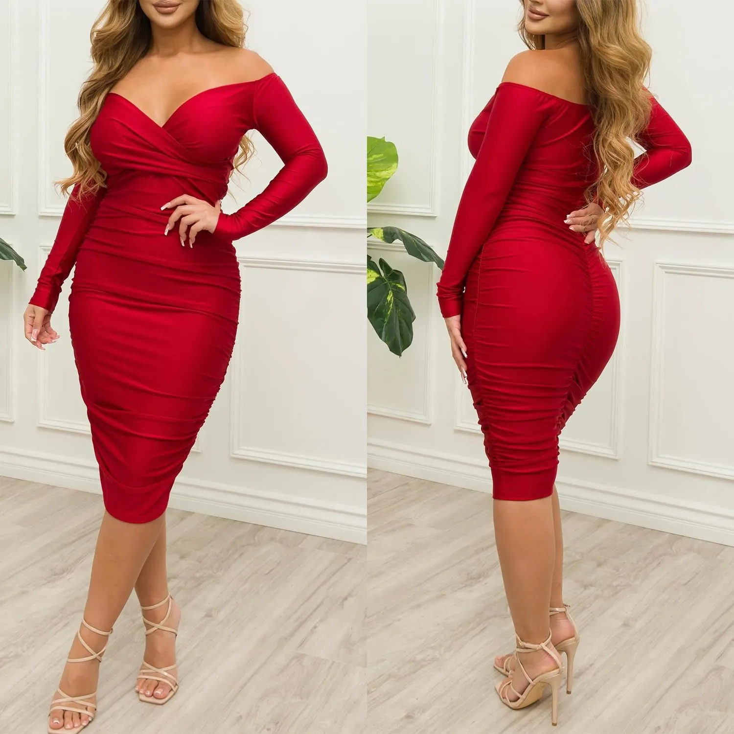 Ekaliy Women's Sexy Black Off The Shoulder Midi Dress Long Sleeve Ruched Bodycon Dresses
