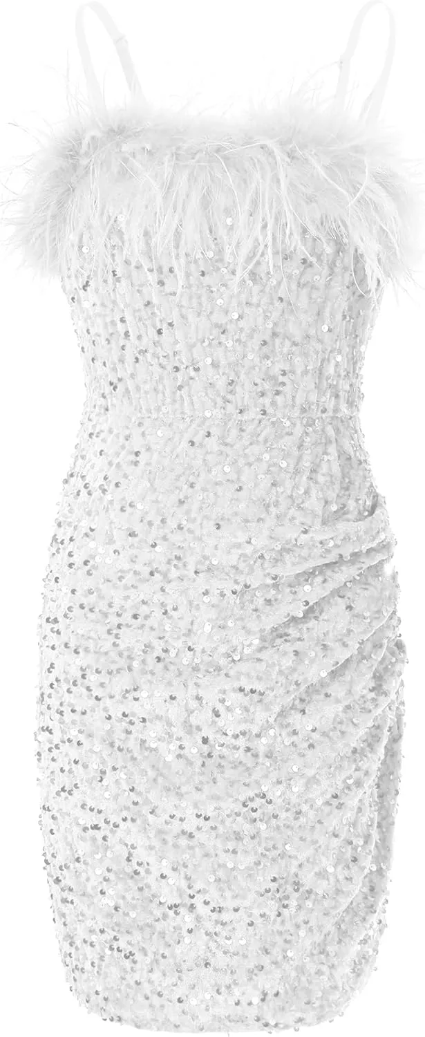 EXARUS Girls Sequin Spaghetti Strap Bodycon Dress Ruched Sparkle Party Teen mini Special Occasion Velvet Splice Furry