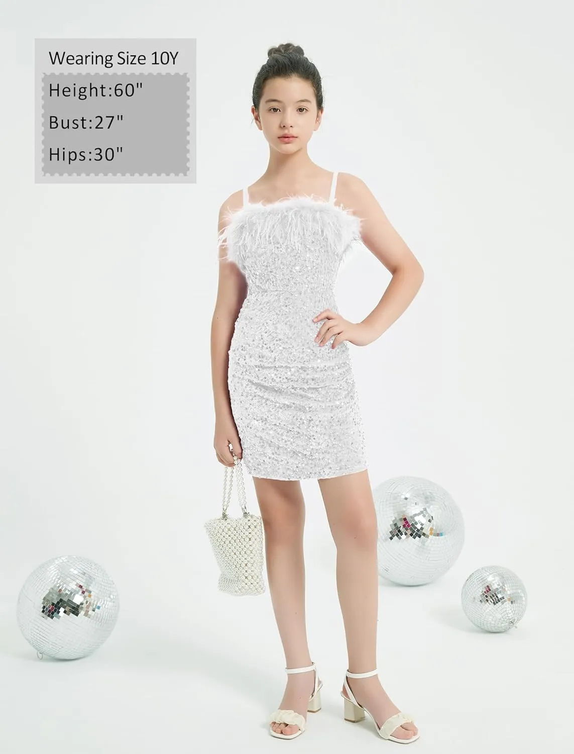 EXARUS Girls Sequin Spaghetti Strap Bodycon Dress Ruched Sparkle Party Teen mini Special Occasion Velvet Splice Furry