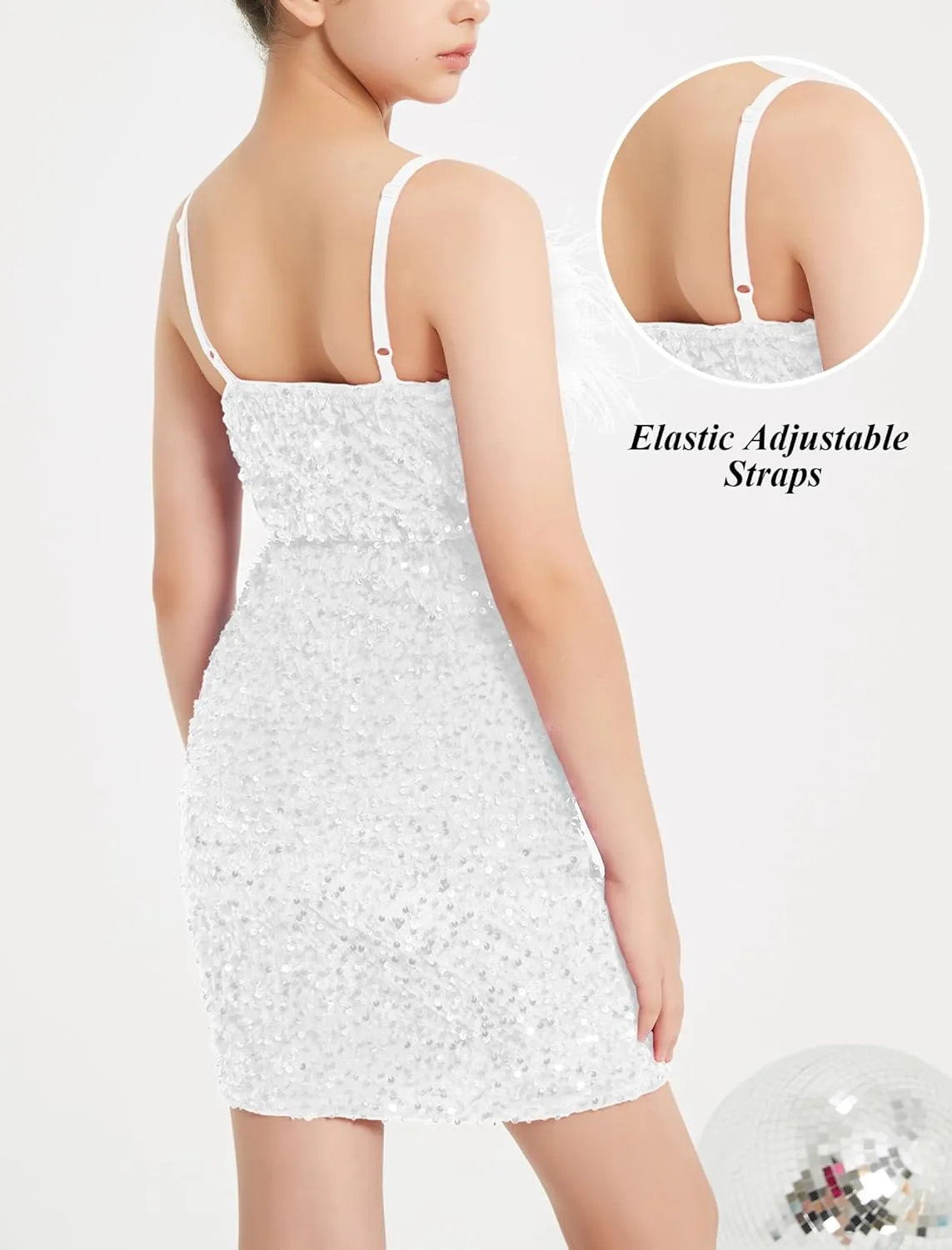 EXARUS Girls Sequin Spaghetti Strap Bodycon Dress Ruched Sparkle Party Teen mini Special Occasion Velvet Splice Furry