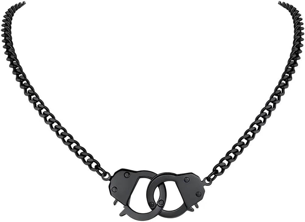 FindChic Handcuff Necklace Padlock Pendant Customized Handcuffs Bracelet Stainless Steel/18K Gold Plated/Black Curb Chain Interlocking 16inch/18inch Friendship Statement Necklace for Girls & Women