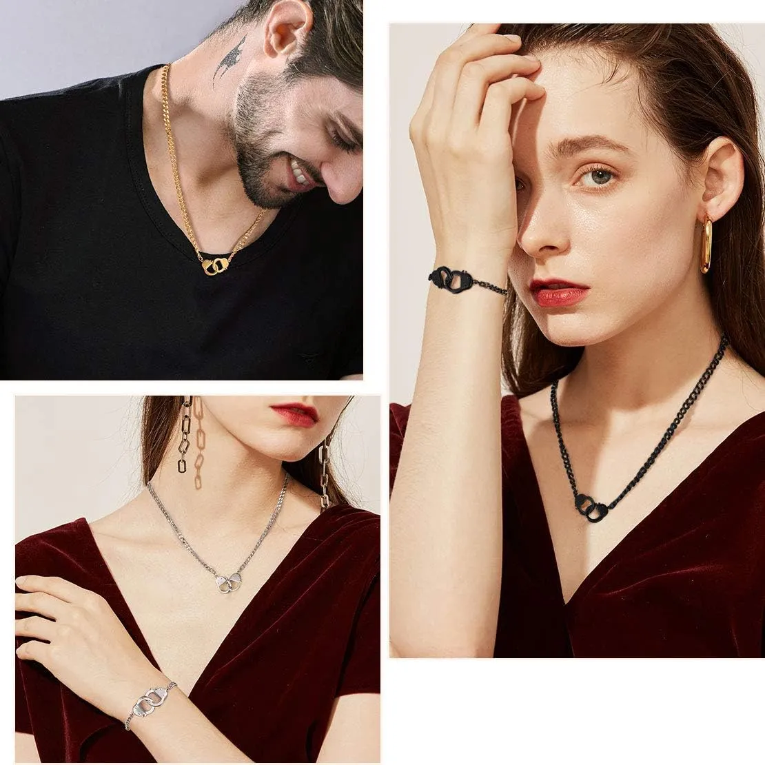 FindChic Handcuff Necklace Padlock Pendant Customized Handcuffs Bracelet Stainless Steel/18K Gold Plated/Black Curb Chain Interlocking 16inch/18inch Friendship Statement Necklace for Girls & Women