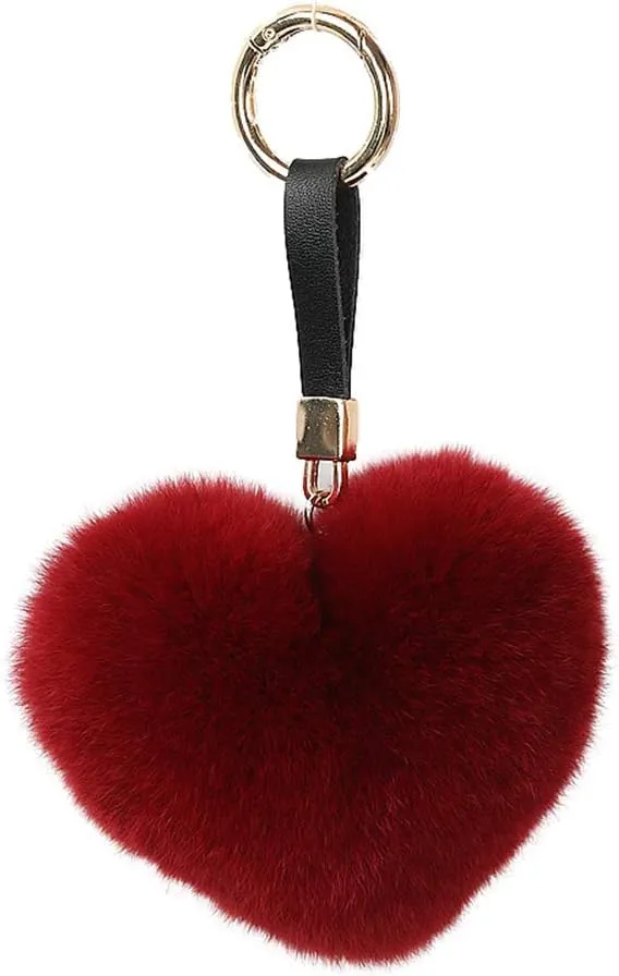 Genuine Rex Rabbit Hair Fur Pompom Keychain Heart Shaped Bag Charm Ring Fluffy Fur Ball