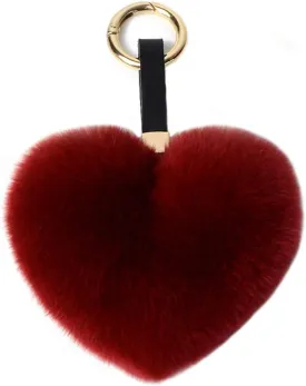 Genuine Rex Rabbit Hair Fur Pompom Keychain Heart Shaped Bag Charm Ring Fluffy Fur Ball