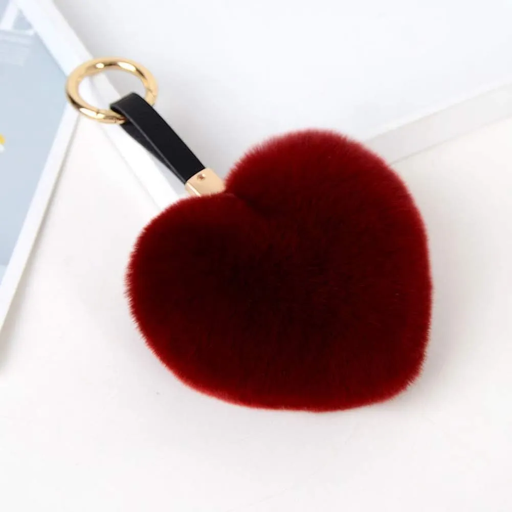 Genuine Rex Rabbit Hair Fur Pompom Keychain Heart Shaped Bag Charm Ring Fluffy Fur Ball