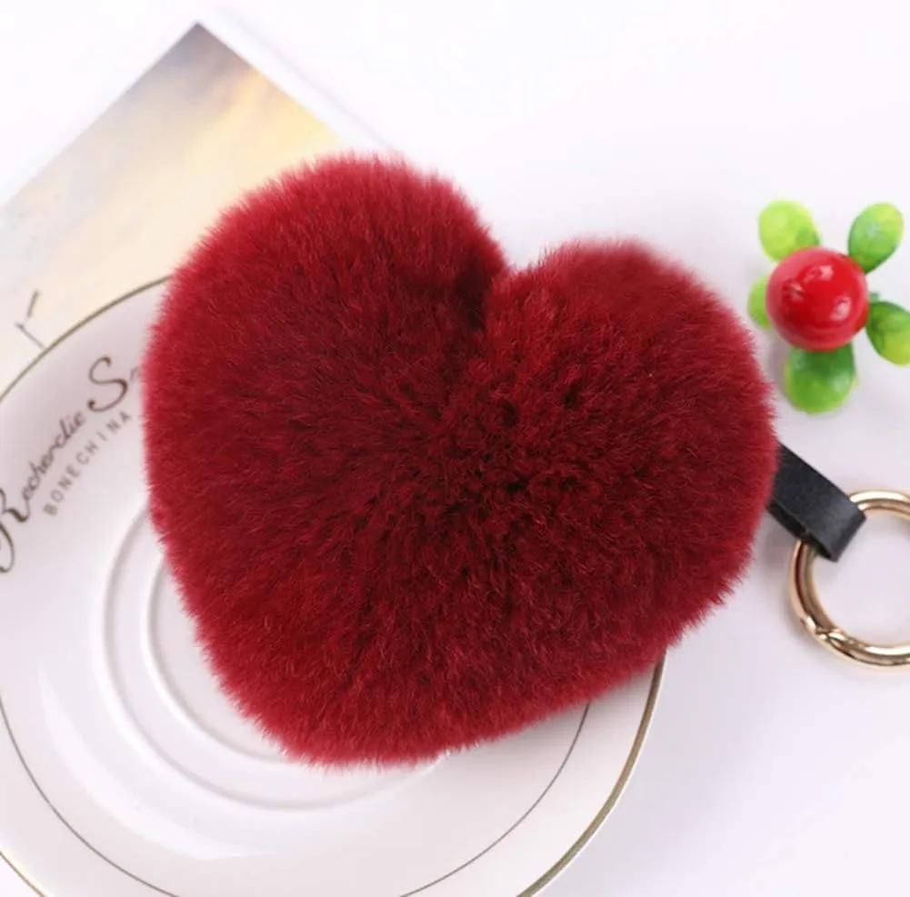 Genuine Rex Rabbit Hair Fur Pompom Keychain Heart Shaped Bag Charm Ring Fluffy Fur Ball
