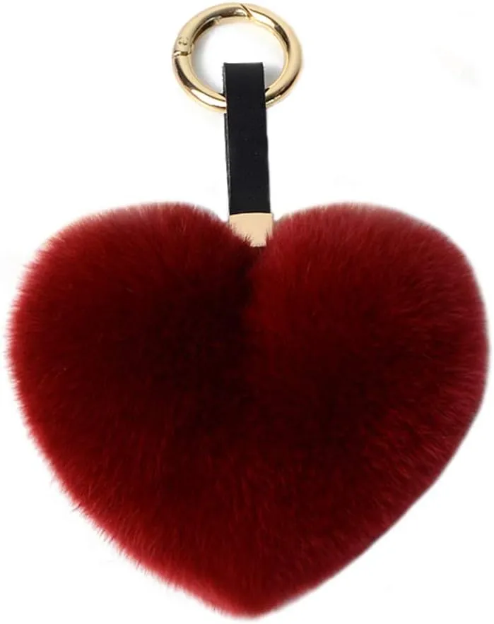 Genuine Rex Rabbit Hair Fur Pompom Keychain Heart Shaped Bag Charm Ring Fluffy Fur Ball
