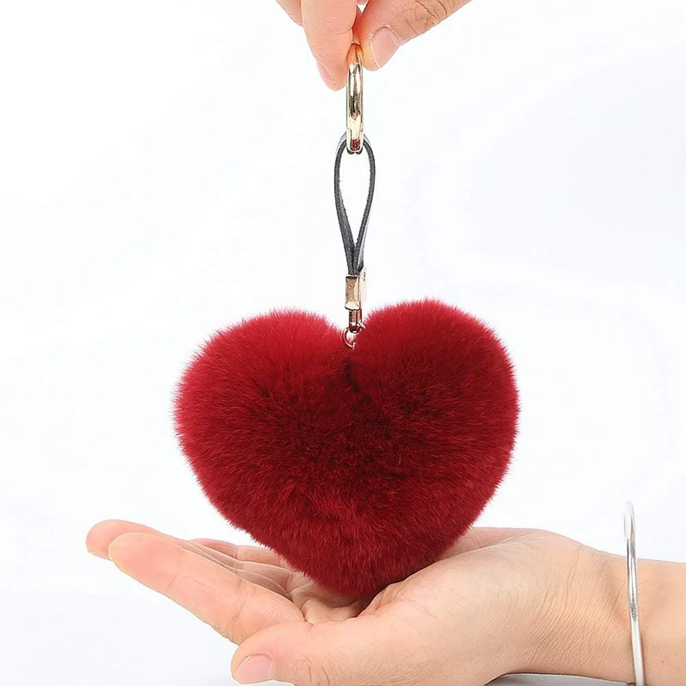Genuine Rex Rabbit Hair Fur Pompom Keychain Heart Shaped Bag Charm Ring Fluffy Fur Ball