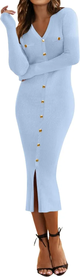 HAEOF Women's 2025 Fall Trendy Midi Sweater Dress Dressy Casual V Neck Long Sleeve Ribbed Knit Winter Formal Bodycon Dresses